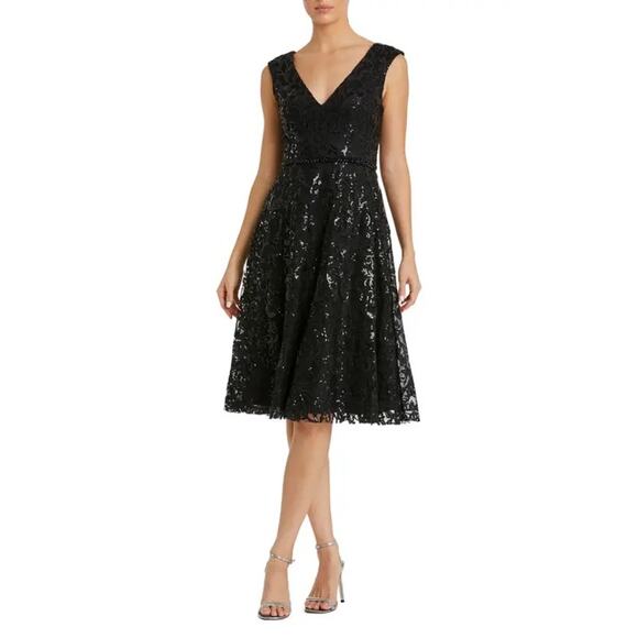 Mac Duggal Black Baroque Sequined Midi A Line Cocktail Dress 16
